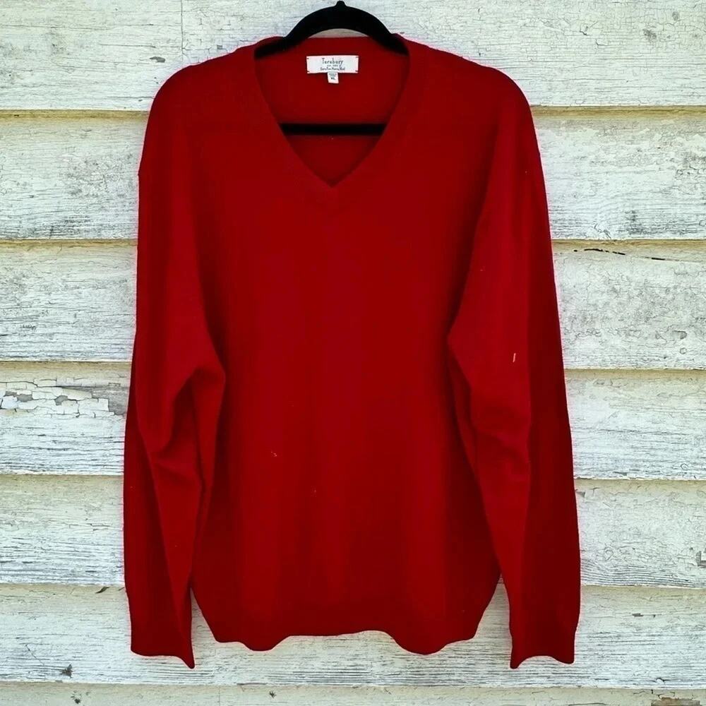 Turnbury Mens Extra Fine‎ Merino Red Wool Sweater V neck soft cozycore heritage